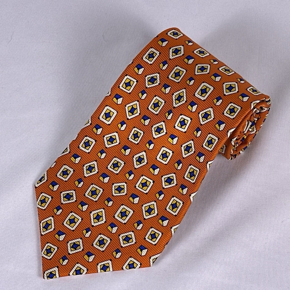 Paul Fredrick Silk Tie Vintage Orange Navy Square Geometric Handmade in USA